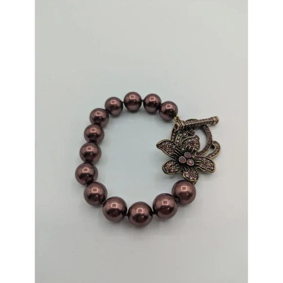 Heidi Daus Beaded Bracelet Bronze‎ Tone Flower Toggle Closure Crystal Accents - Picture 2 of 5